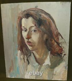 Tableau ancien huile réaliste portrait de femme