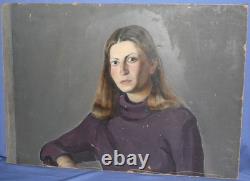 Tableau ancien huile réaliste portrait de femme