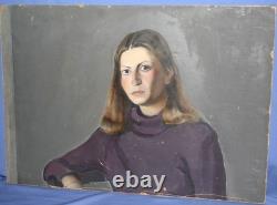 Tableau ancien huile réaliste portrait de femme