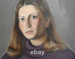 Tableau ancien huile réaliste portrait de femme