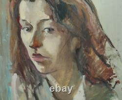 Tableau ancien huile réaliste portrait de femme