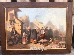 Tableau ancien huile retour de peche