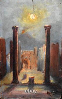 Tableau ancien huile ruines soir à Pompéi signé Mésange époque XIXème
