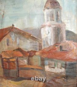 Tableau ancien huile scène campagne église village
