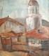 Tableau ancien huile scène campagne église village