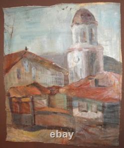 Tableau ancien huile scène campagne église village