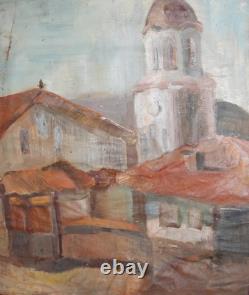 Tableau ancien huile scène campagne église village