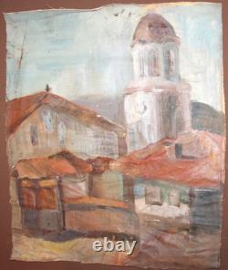 Tableau ancien huile scène campagne église village