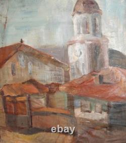 Tableau ancien huile scène campagne église village