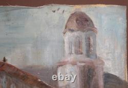 Tableau ancien huile scène campagne église village