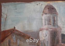 Tableau ancien huile scène campagne église village