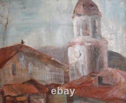 Tableau ancien huile scène campagne église village