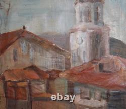 Tableau ancien huile scène campagne église village