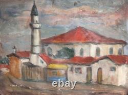 Tableau ancien huile scène campagne mosquée