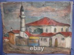 Tableau ancien huile scène campagne mosquée
