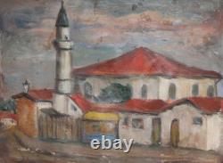 Tableau ancien huile scène campagne mosquée