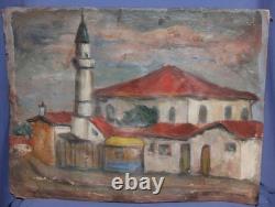 Tableau ancien huile scène campagne mosquée