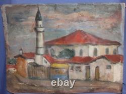 Tableau ancien huile scène campagne mosquée