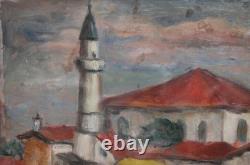 Tableau ancien huile scène campagne mosquée