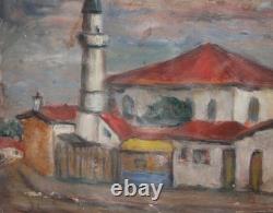 Tableau ancien huile scène campagne mosquée