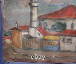 Tableau ancien huile scène campagne mosquée