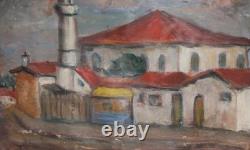 Tableau ancien huile scène campagne mosquée