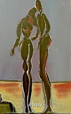 Tableau ancien huile scène de genre femme assise couple enlacé figuratif signé
