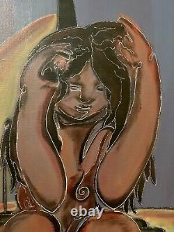 Tableau ancien huile scène de genre femme assise couple enlacé figuratif signé