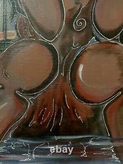 Tableau ancien huile scène de genre femme assise couple enlacé figuratif signé