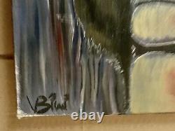 Tableau ancien huile scène de genre femme assise couple enlacé figuratif signé