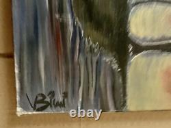 Tableau ancien huile scène de genre femme assise couple enlacé figuratif signé