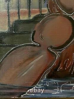 Tableau ancien huile scène de genre femme assise couple enlacé figuratif signé