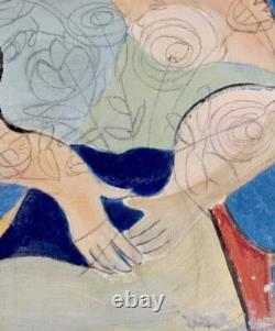 Tableau ancien huile scène de genre portrait femme cubique abstrait inachevé