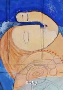 Tableau ancien huile scène de genre portrait femme cubique abstrait inachevé