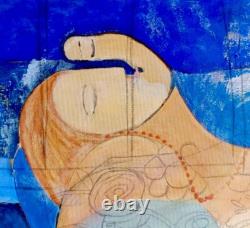 Tableau ancien huile scène de genre portrait femme cubique abstrait inachevé