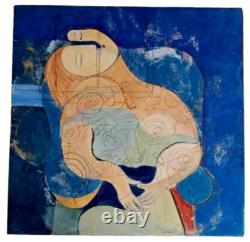 Tableau ancien huile scène de genre portrait femme cubique abstrait inachevé