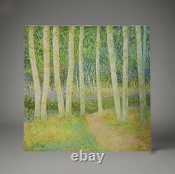 Tableau ancien huile sous-bois foret bouleaux champêtre bucolique Pointillisme