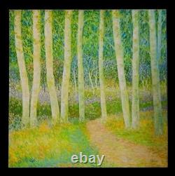 Tableau ancien huile sous-bois foret bouleaux champêtre bucolique Pointillisme