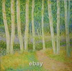 Tableau ancien huile sous-bois foret bouleaux champêtre bucolique Pointillisme