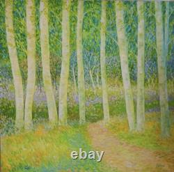 Tableau ancien huile sous-bois foret bouleaux champêtre bucolique Pointillisme