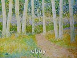 Tableau ancien huile sous-bois foret bouleaux champêtre bucolique Pointillisme