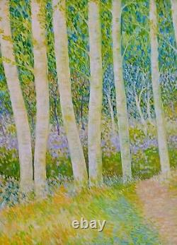 Tableau ancien huile sous-bois foret bouleaux champêtre bucolique Pointillisme