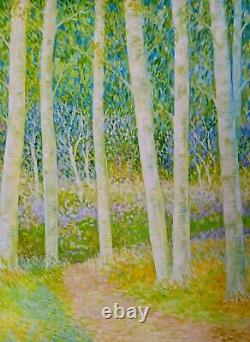 Tableau ancien huile sous-bois foret bouleaux champêtre bucolique Pointillisme