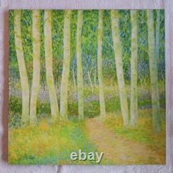 Tableau ancien huile sous-bois foret bouleaux champêtre bucolique Pointillisme