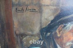 Tableau ancien huile sur bois 55 sur 47 de EMILE SIMON Breton près du foyer