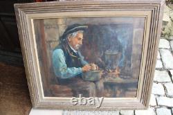 Tableau ancien huile sur bois 55 sur 47 de EMILE SIMON Breton près du foyer
