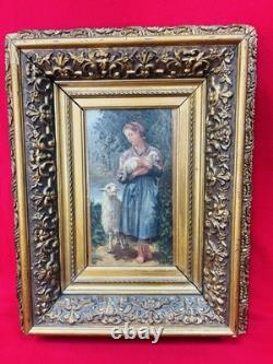Tableau ancien huile sur panneau bergère agneaux d'après J. B. Hofner XIXe