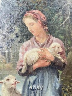 Tableau ancien huile sur panneau bergère agneaux d'après J. B. Hofner XIXe