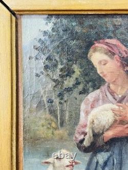 Tableau ancien huile sur panneau bergère agneaux d'après J. B. Hofner XIXe