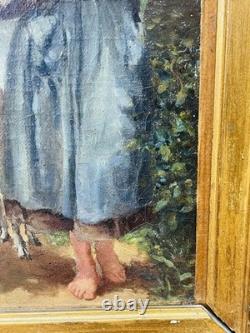 Tableau ancien huile sur panneau bergère agneaux d'après J. B. Hofner XIXe